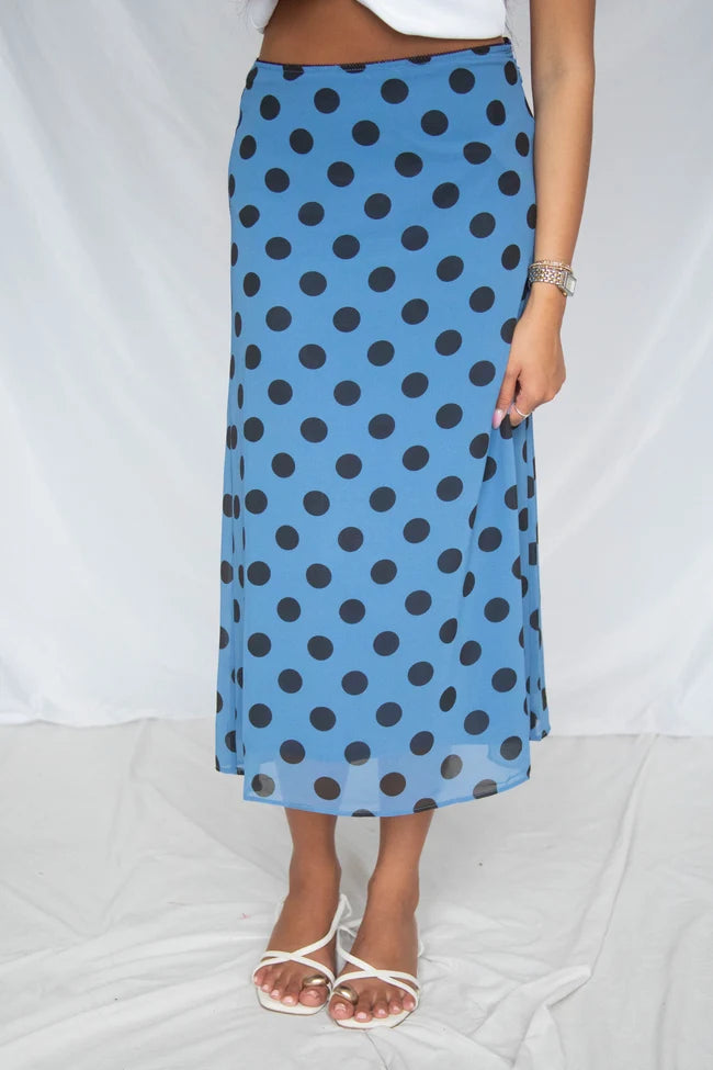 out and about sheer dot midi skirt
