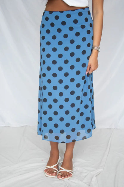 out and about sheer dot midi skirt