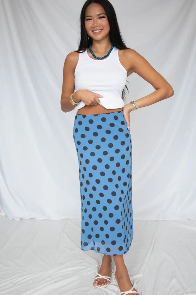 out and about sheer dot midi skirt